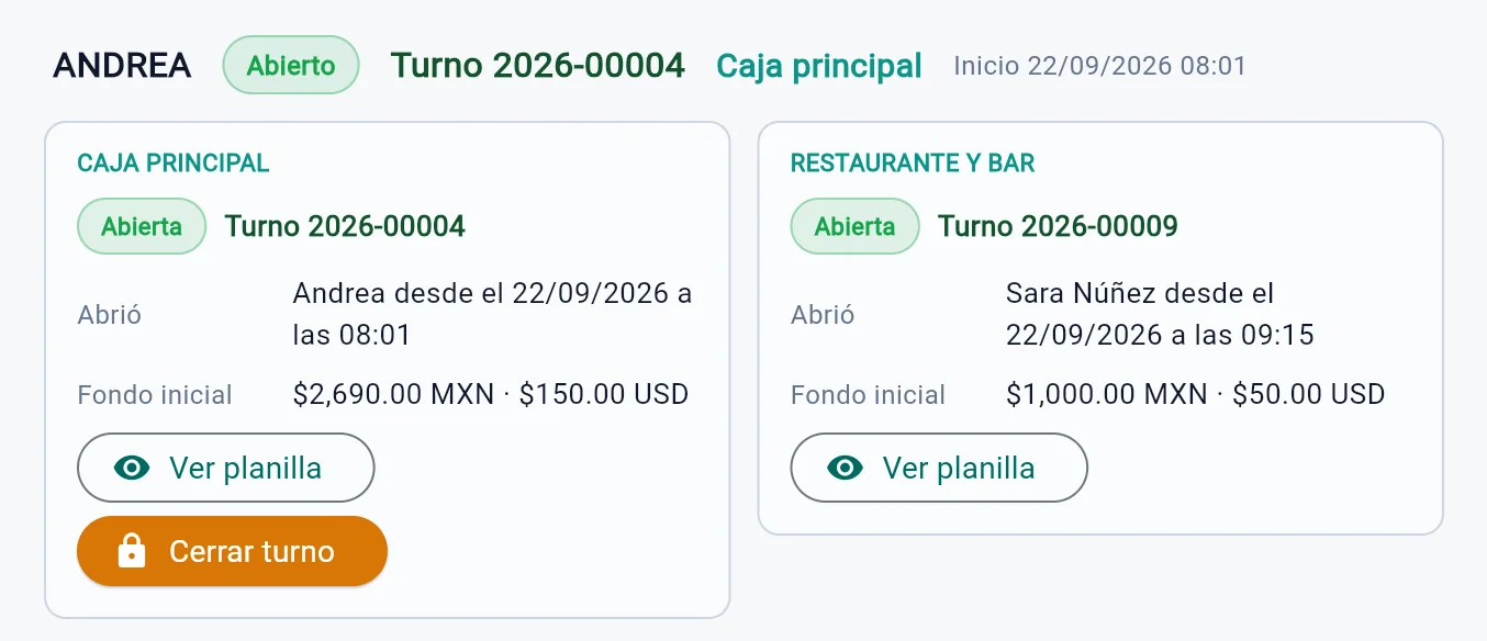 Pantalla de Turnos de Suite pMS en el Hotel Brisaluna (demostración): la Caja principal y la de Restaurante y bar abiertas a la vez, cada una con su turno y su fondo inicial en pesos y en dólares.